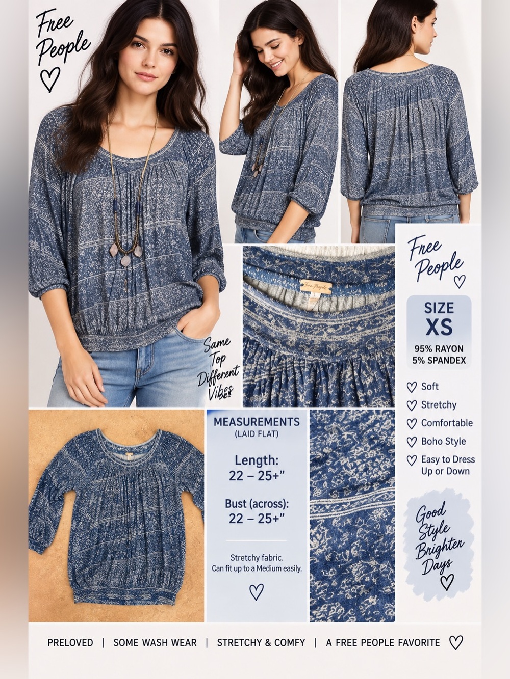 (#F) Free People Indigo Printed Boho Scoop-Neck Blouse Top
